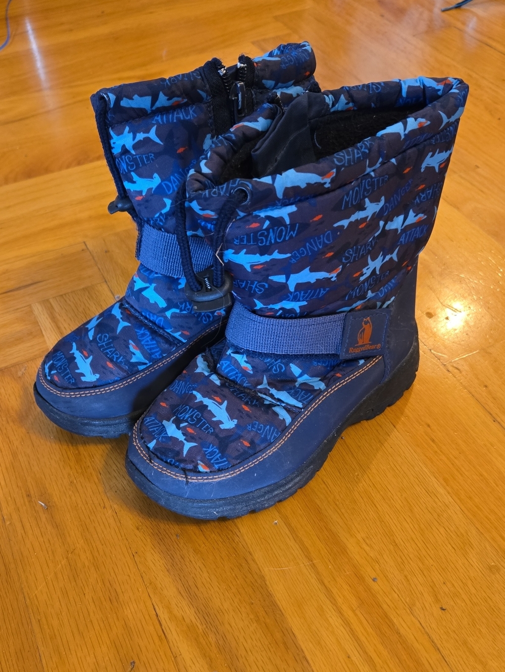 Children's Navy Shark-Print Snow Boots with Easy Strap Closure